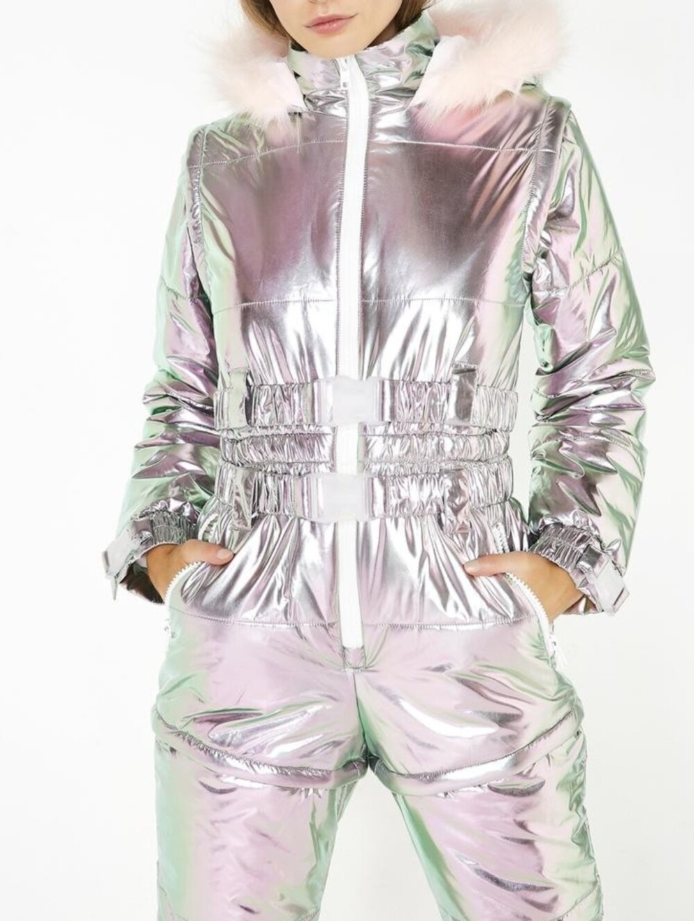 Club Exx Aurora Beam Iridescent Holographic Snowsuit with Faux Fur Hood - Picture 2 of 10